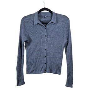 Uniqlo Womens Sweater Size M Wool Ribbed Knit Cardigan Long Sleeve Stretch Gray